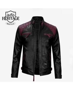 Black & Maroon Biker Leather Jacket