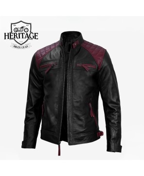 Black & Maroon Biker Leather Jacket