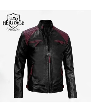 Black & Maroon Biker Leather Jacket