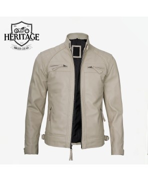 Stylish Beige Quilted Shoulder Leather Jacket for Men