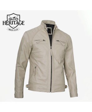 Stylish Beige Quilted Shoulder Leather Jacket for Men