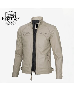 Stylish Beige Quilted Shoulder Leather Jacket for Men