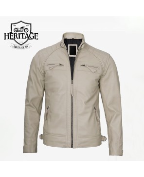 Stylish Beige Quilted Shoulder Leather Jacket for Men