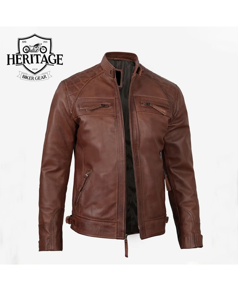 Tall Men's Cognac Cafe Racer Leather Jacket - Style & Comfort