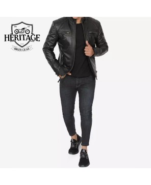 Tall Men's Quilted Black Leather Cafe Racer Jacket