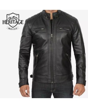 Tall Men's Quilted Black Leather Cafe Racer Jacket