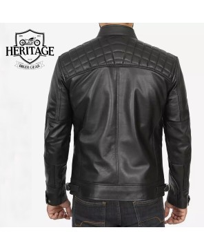 Tall Men's Quilted Black Leather Cafe Racer Jacket