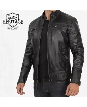 Tall Men's Quilted Black Leather Cafe Racer Jacket