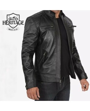 Tall Men's Quilted Black Leather Cafe Racer Jacket