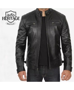 Tall Men's Quilted Black Leather Cafe Racer Jacket