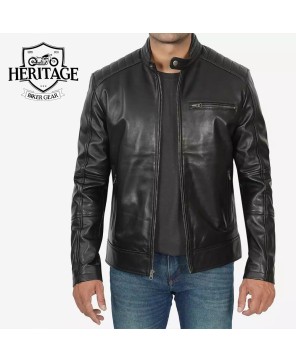 Men's Black Lambskin Cafe Racer Jacket with Padded Shoulders