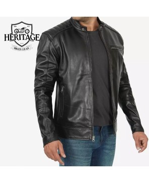 Men's Black Lambskin Cafe Racer Jacket with Padded Shoulders