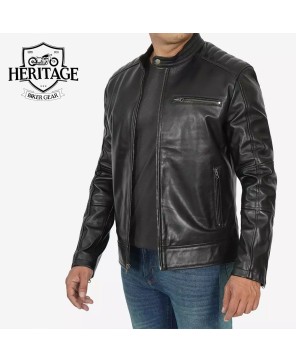 Men's Black Lambskin Cafe Racer Jacket with Padded Shoulders