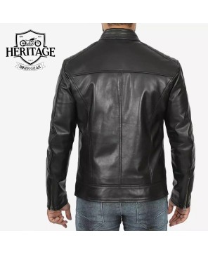 Men's Black Lambskin Cafe Racer Jacket with Padded Shoulders