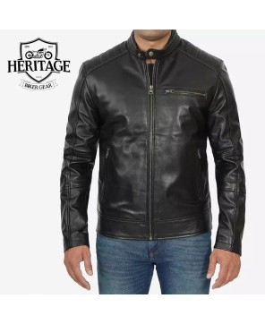 Men's Black Lambskin Cafe Racer Jacket with Padded Shoulders