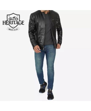 Men's Black Lambskin Cafe Racer Jacket with Padded Shoulders