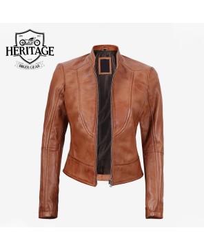 Tan Biker Style Leather Jacket for Women