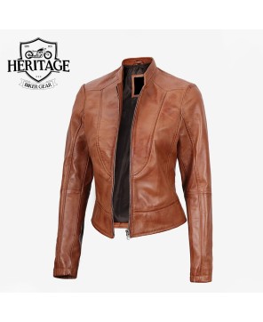 Tan Biker Style Leather Jacket for Women