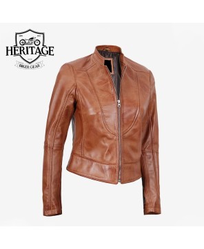 Tan Biker Style Leather Jacket for Women