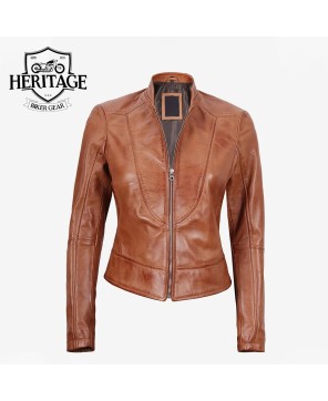 Tan Biker Style Leather Jacket for Women