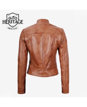 Tan Biker Style Leather Jacket for Women