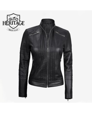 Women's Black Cafe Racer Leather Jacket - Bergamo