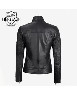 Women's Black Cafe Racer Leather Jacket - Bergamo