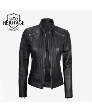 Women's Black Cafe Racer Leather Jacket - Bergamo