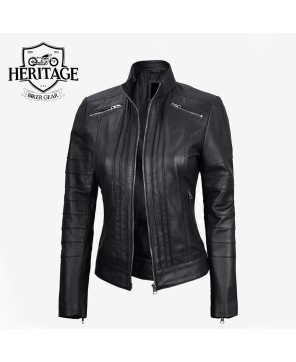 Women's Black Cafe Racer Leather Jacket - Bergamo