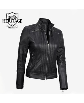 Women's Black Cafe Racer Leather Jacket - Bergamo