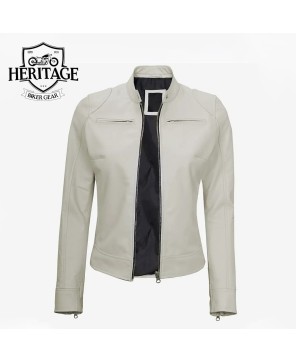 Women's Off White Cafe Racer Leather Jacket