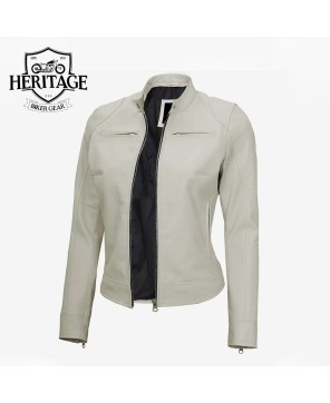 Women's Off White Cafe Racer Leather Jacket