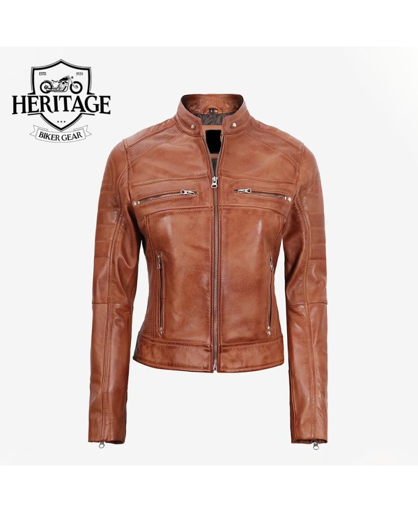 Tan Lambskin Cafe Racer Leather Jacket | Stylish Biker Attire