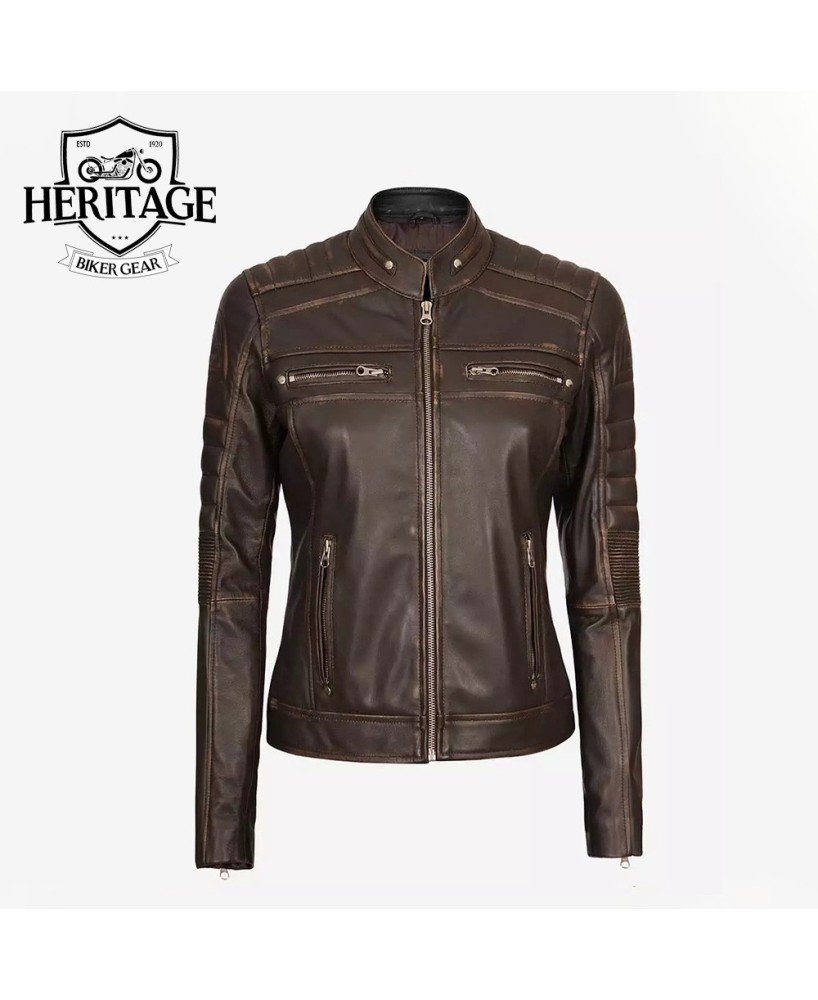 Women's Dark Brown Cafe Racer Leather Jacket