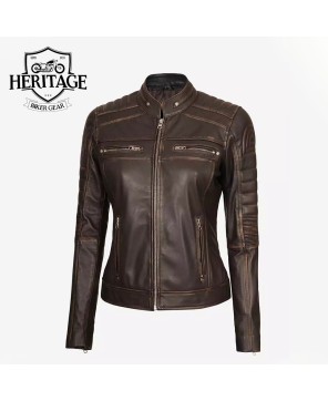 Women's Dark Brown Cafe Racer Leather Jacket