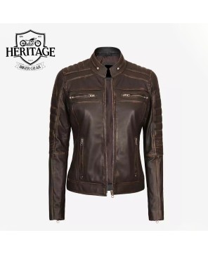 Women's Dark Brown Cafe Racer Leather Jacket