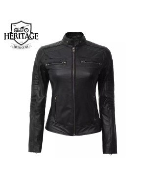 Tall Women's Black Leather Cafe Racer Jacket