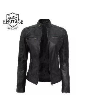 Tall Women's Black Leather Cafe Racer Jacket