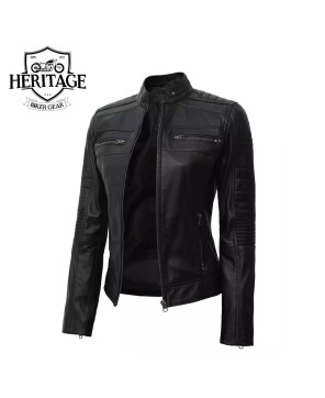 Tall Women's Black Leather Cafe Racer Jacket