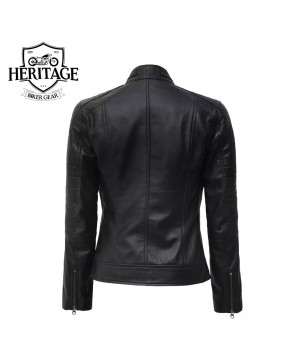 Tall Women's Black Leather Cafe Racer Jacket