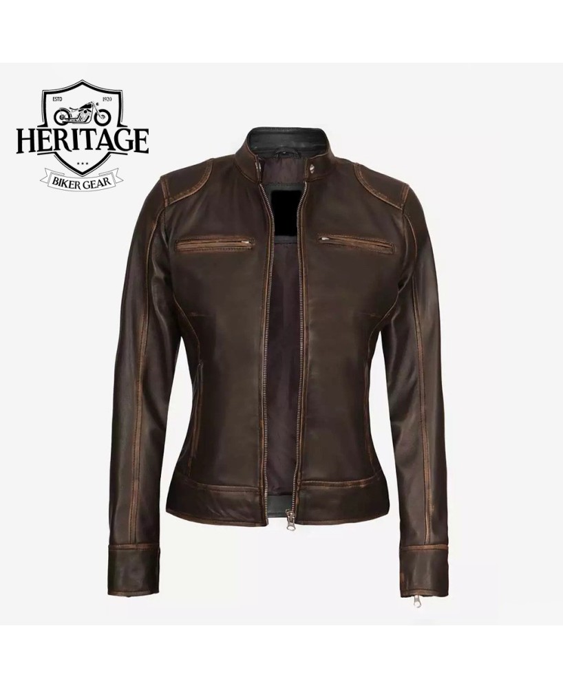 Dark Brown Cafe Racer Leather Jacket | Dodge Women's