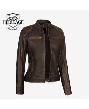 Dark Brown Cafe Racer Leather Jacket | Dodge Women's