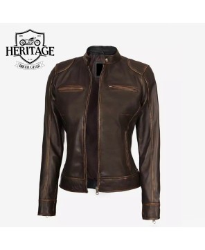 Dark Brown Cafe Racer Leather Jacket | Dodge Women's