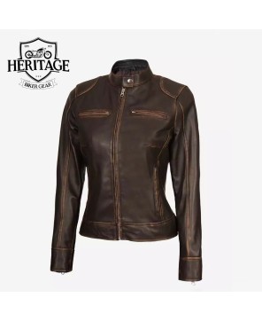 Dark Brown Cafe Racer Leather Jacket | Dodge Women's