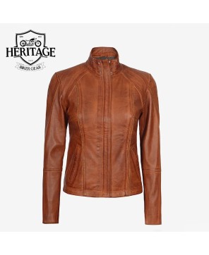 Women's Cognac Brown Leather Cafe Racer Jacket