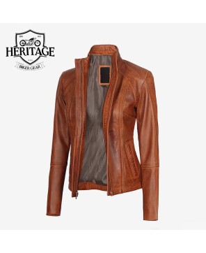 Women's Cognac Brown Leather Cafe Racer Jacket