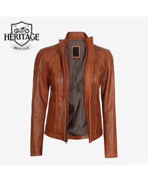 Women's Cognac Brown Leather Cafe Racer Jacket