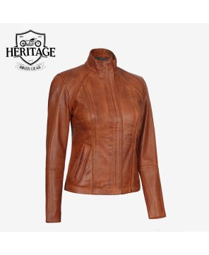 Women's Cognac Brown Leather Cafe Racer Jacket