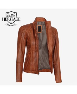 Women's Cognac Brown Leather Cafe Racer Jacket