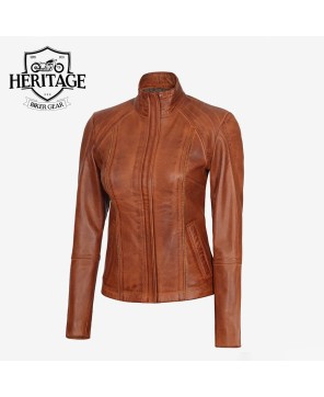 Women's Cognac Brown Leather Cafe Racer Jacket